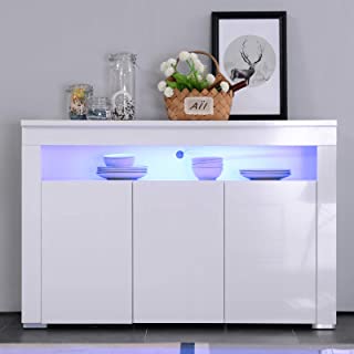 Mecor High Gloss Sideboard Cabinet with LED Lighting for Living Room Dining Room Furniture Cupboard in White Matt (White 3 Doors)